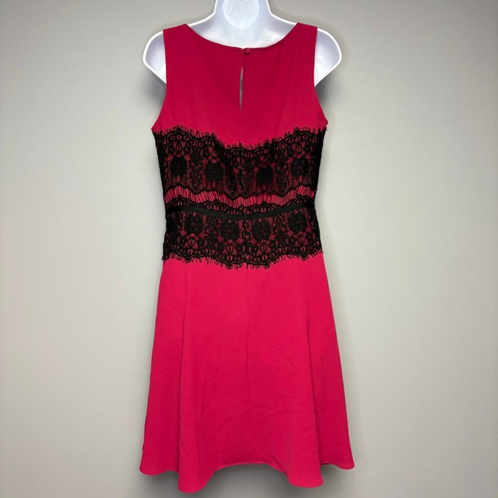LOFT Pink Fuchsia Black Lace Detail Knee Length Semi-Formal Cocktail Dress Sz 6
